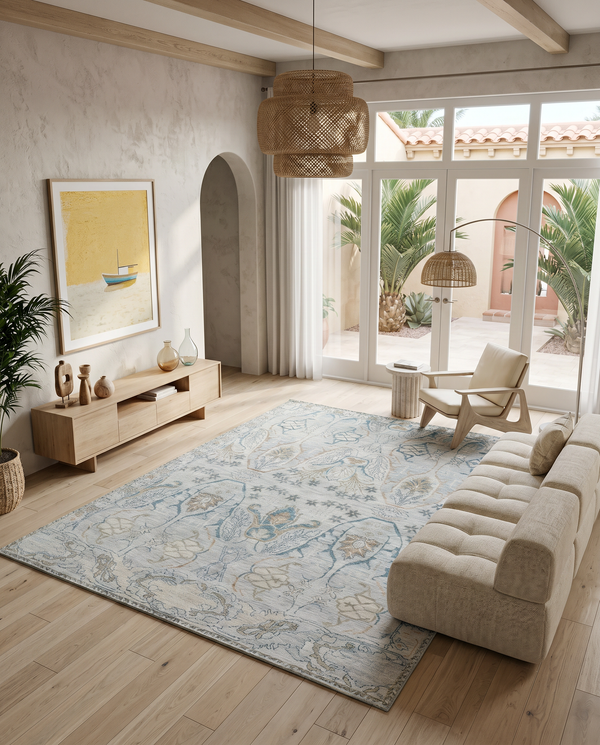 Faded blue and grey rug on light oak flooring with a cream sofa, wooden lounge chair and rattan pendant light.