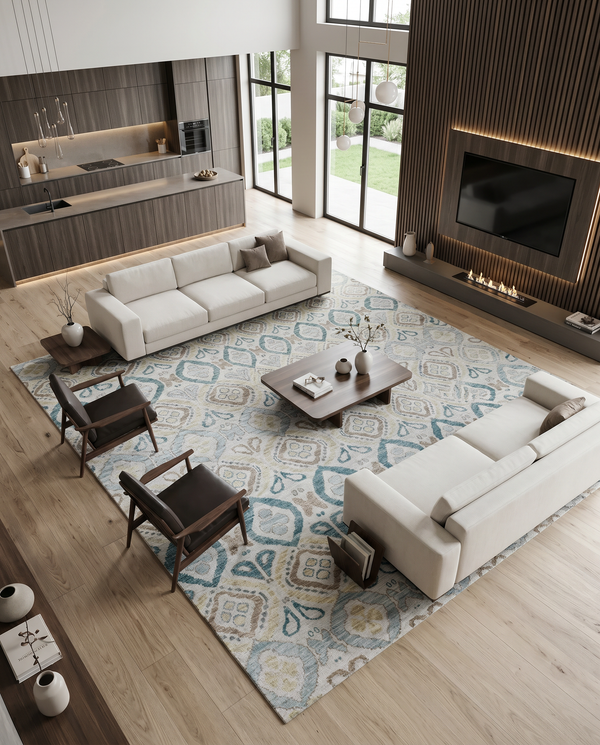 Teal and gold ikat rug in an open-plan living room with two cream sofas, dark leather chairs and a walnut coffee table.