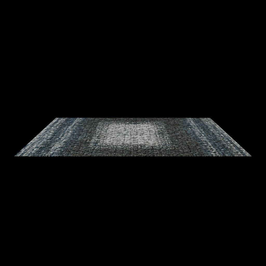 Dark blue and grey rug shown at an angle on a plain white background with no surrounding room.