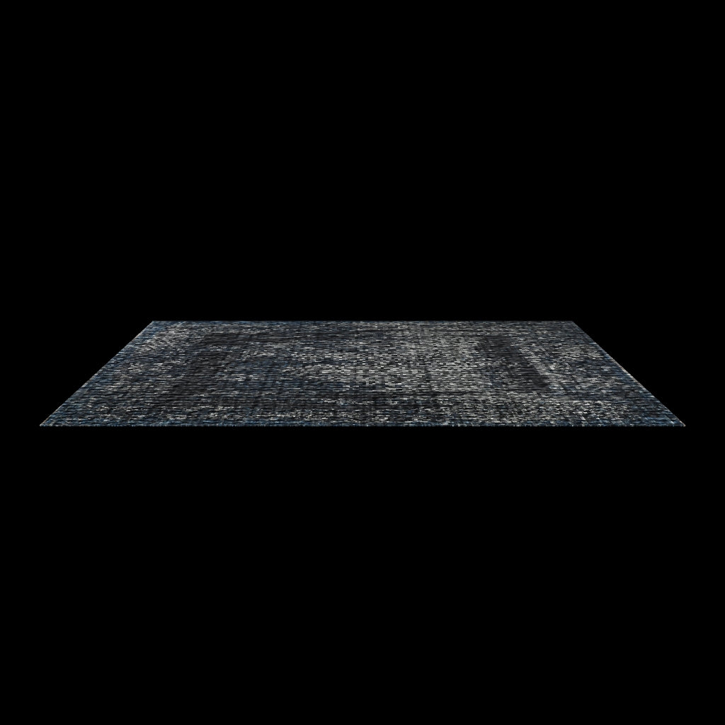 Black and blue rug shown at an angle on a plain white background with no surrounding room.