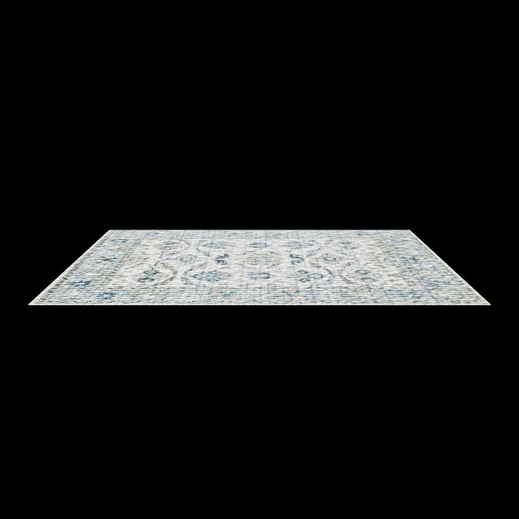 Blue and ivory rug shown at an angle on a plain white background with no surrounding room.