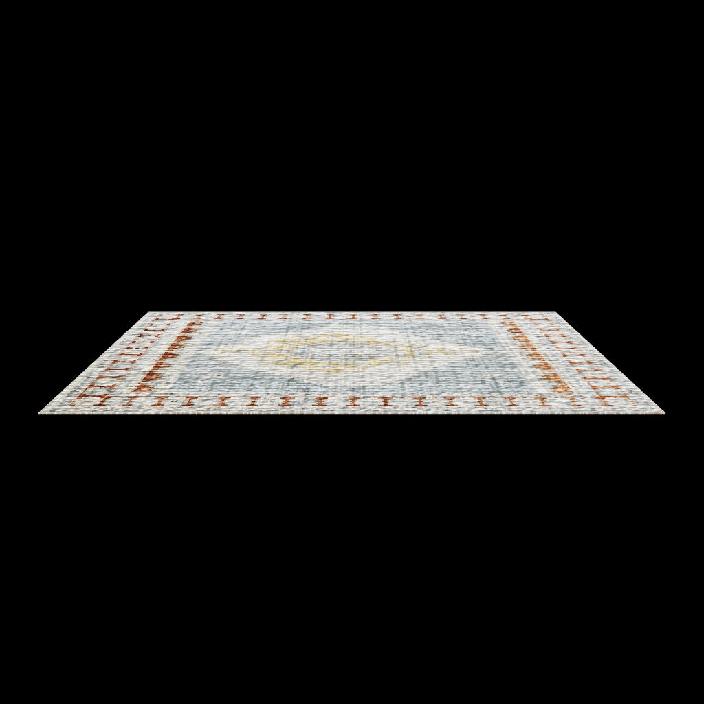 Blue and gold medallion rug shown at an angle on a plain white background with no surrounding room.