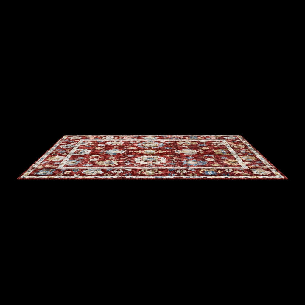 Red oriental rug shown at an angle on a plain white background with no surrounding room.